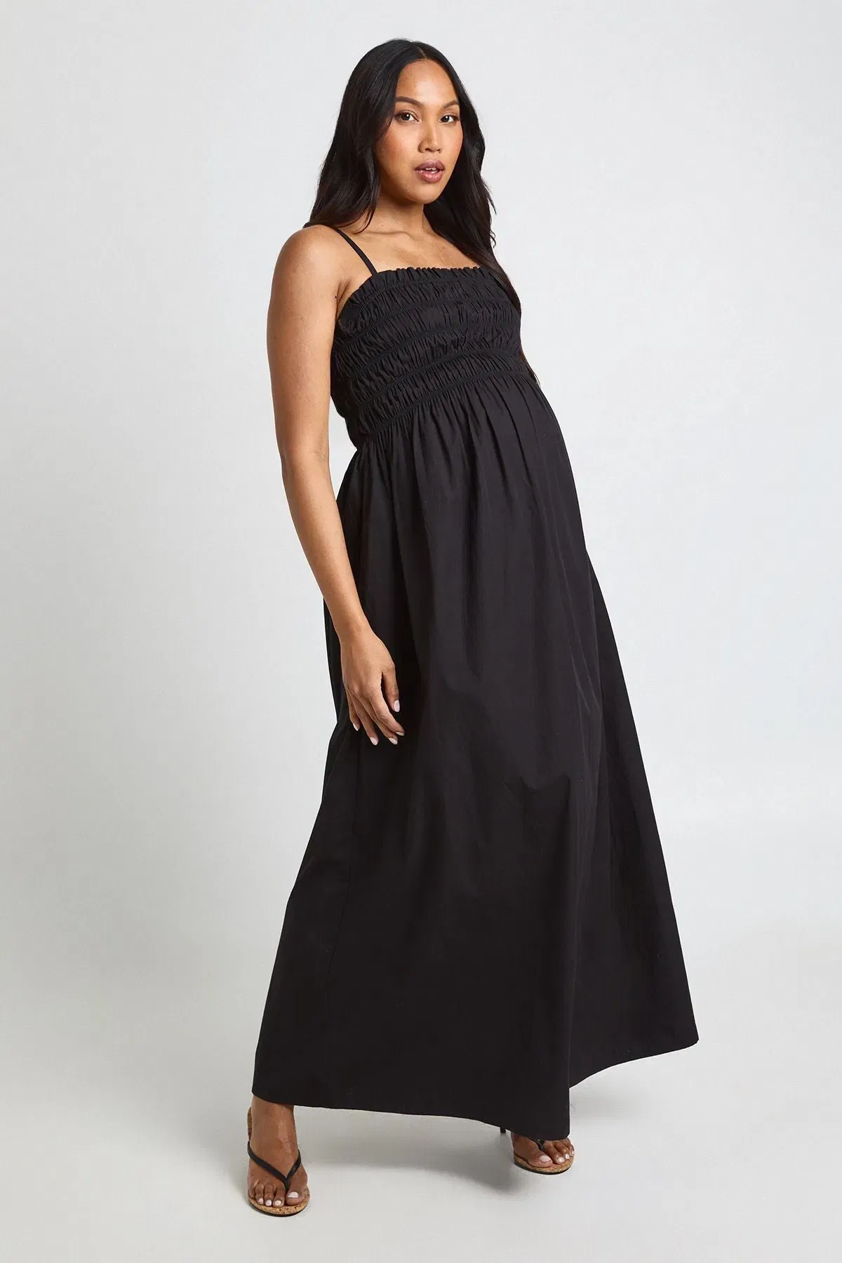 Materntiy Cotton Poplin Shirred Strappy Maxi Dress