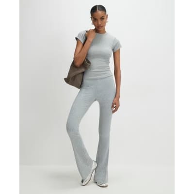 Grey High Waisted Ribbed Flare Leggings