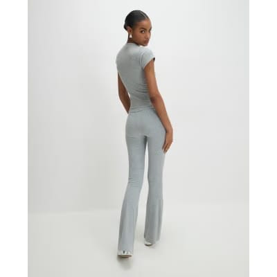 Grey High Waisted Ribbed Flare Leggings