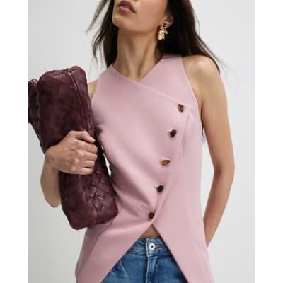 Pink Collarless Asymmetric Waistcoat