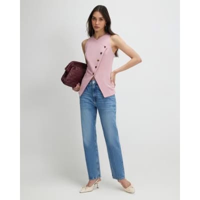 Pink Collarless Asymmetric Waistcoat