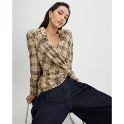 Beige Check Print Twist Detail Collared Top