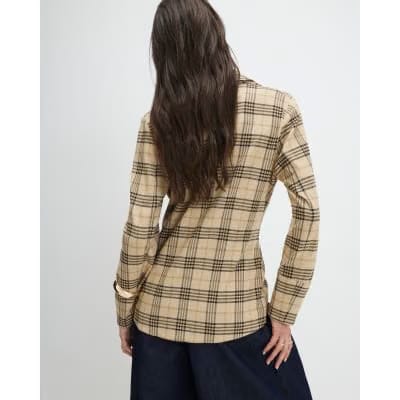 Beige Check Print Twist Detail Collared Top