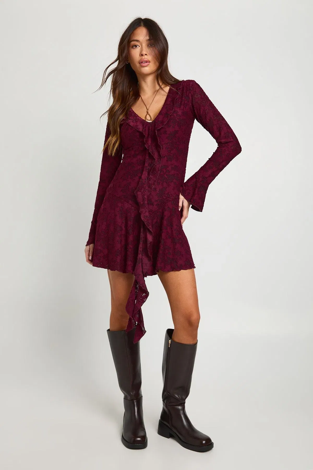 Burnout Floral Ruffle Front Mini Dress