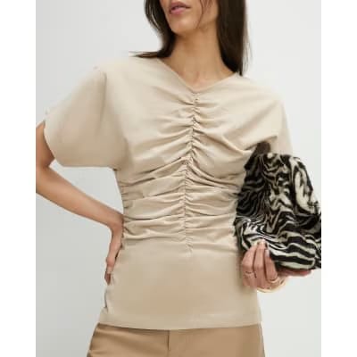 Beige Short Sleeve Ruched Front Top