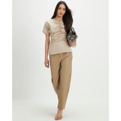 Beige Short Sleeve Ruched Front Top