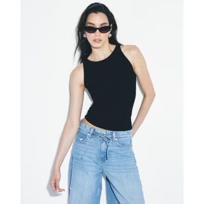 Black Sleeveless Ribbed Tank Top