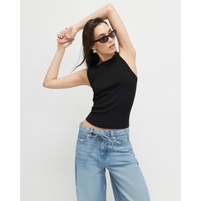 Black Sleeveless Ribbed Tank Top
