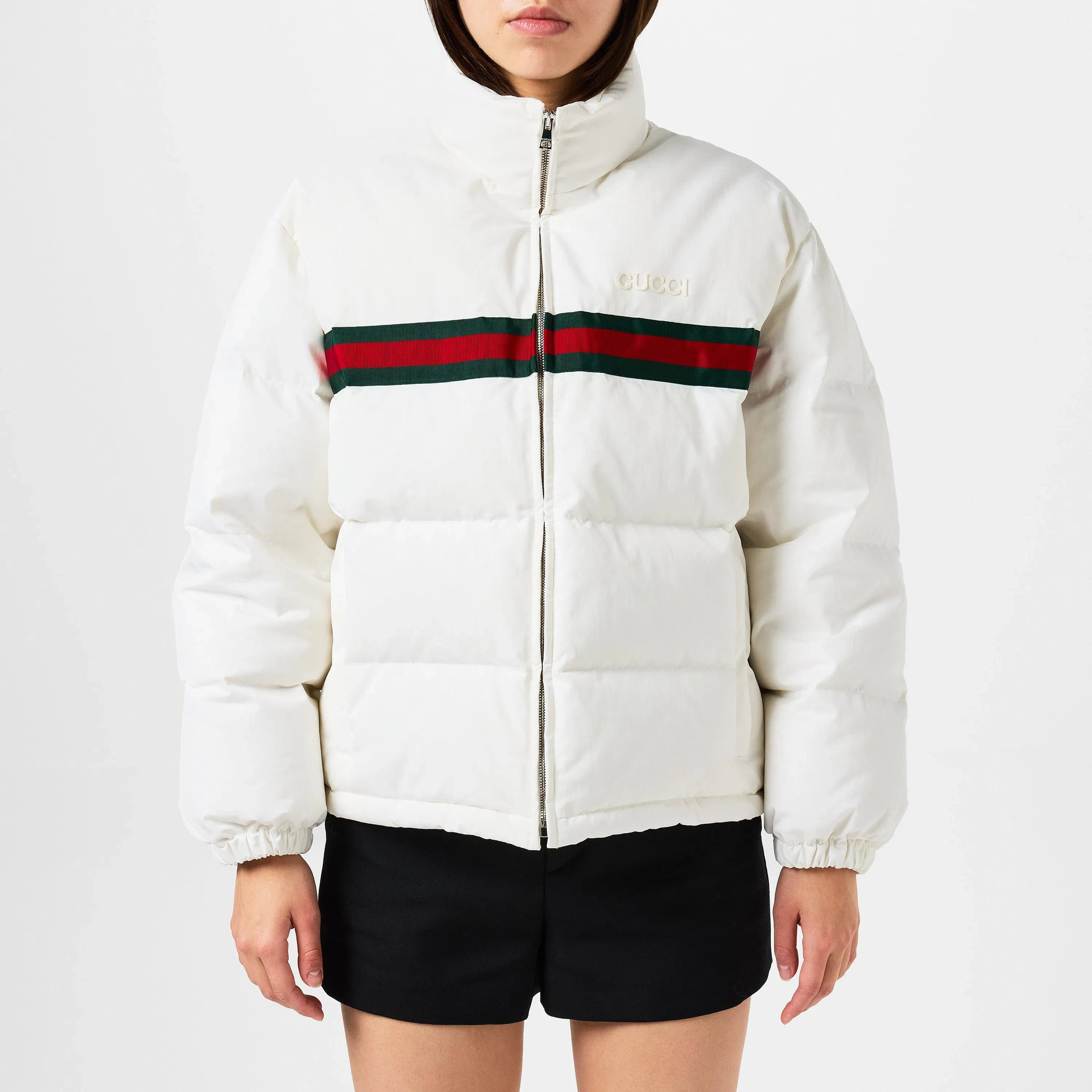 Twill Bomber Water Resistant Goose Down Stand Collar Short Puffer Jacket