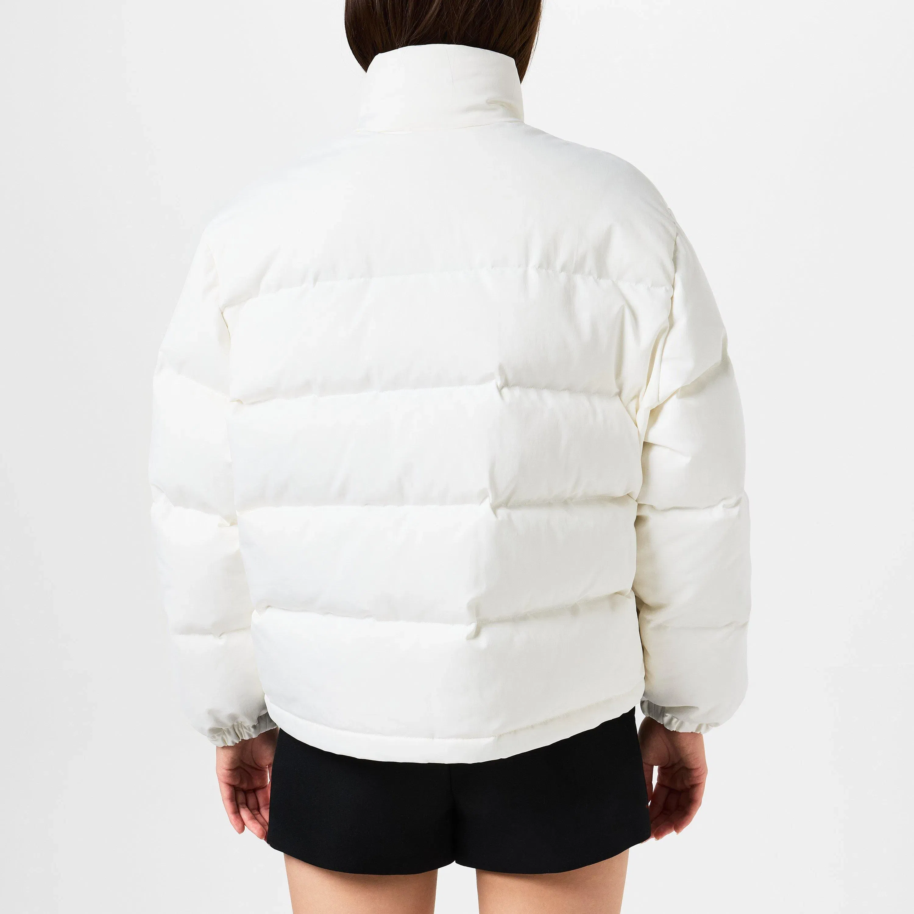 Twill Bomber Water Resistant Goose Down Stand Collar Short Puffer Jacket