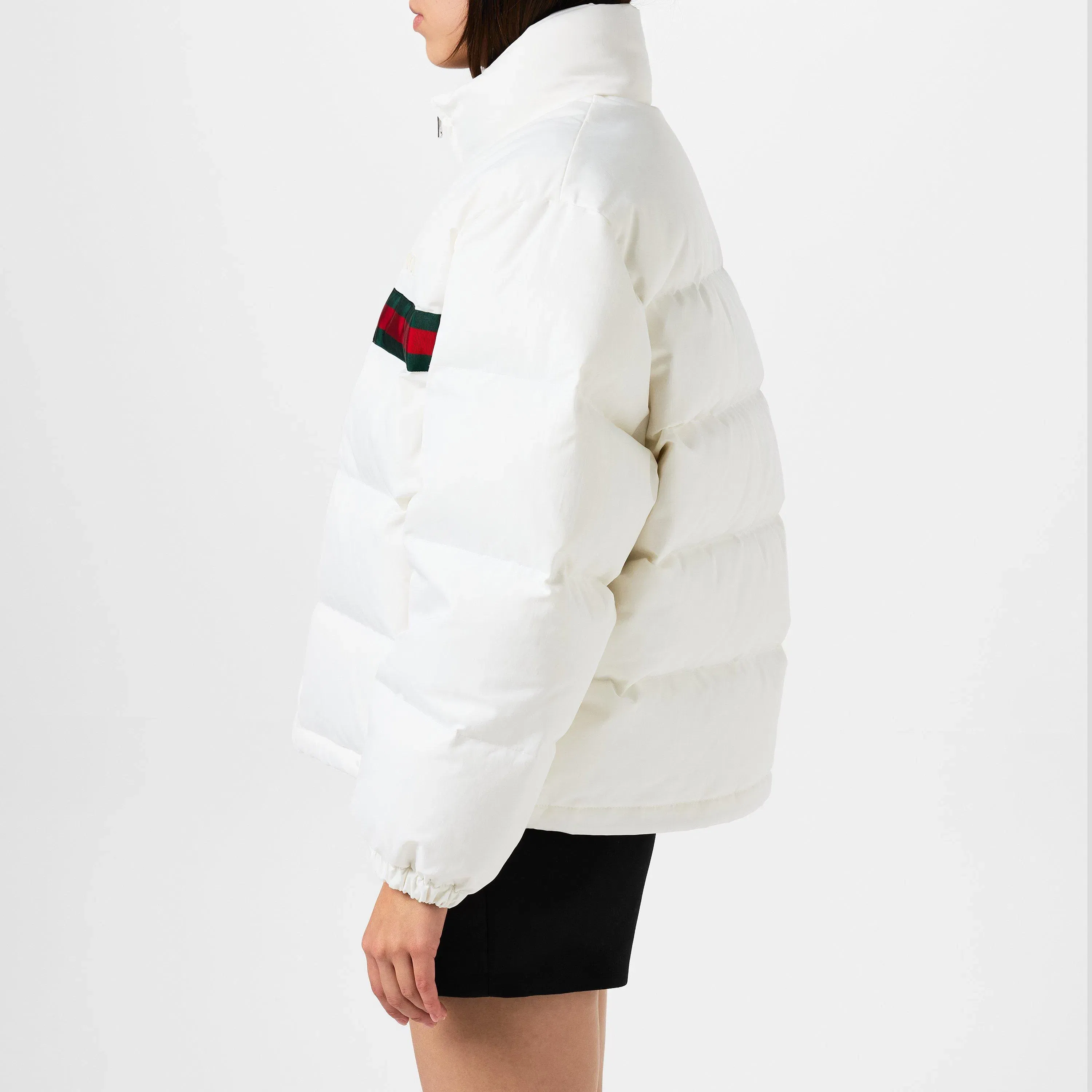 Twill Bomber Water Resistant Goose Down Stand Collar Short Puffer Jacket