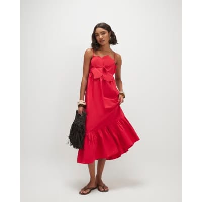 Red 3D Flower Maxi Dress