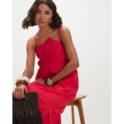 Red 3D Flower Maxi Dress