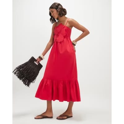Red 3D Flower Maxi Dress