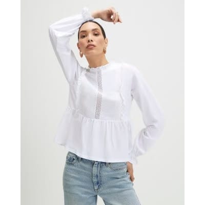 White Long Sleeve Frill Trim Smock Top