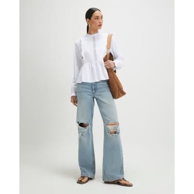 White Long Sleeve Frill Trim Smock Top