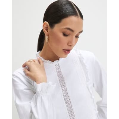 White Long Sleeve Frill Trim Smock Top