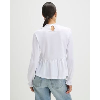 White Long Sleeve Frill Trim Smock Top