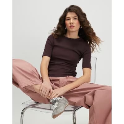 Brown Cotton Short Sleeve Fitted T-Shirt
