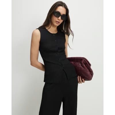 Black Textured Button Through Sleeveless Top