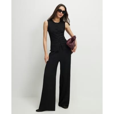 Black Textured Button Through Sleeveless Top