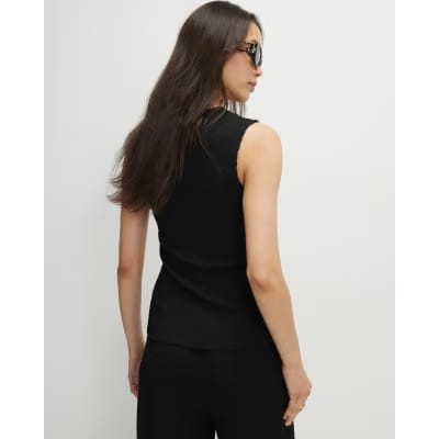 Black Textured Button Through Sleeveless Top