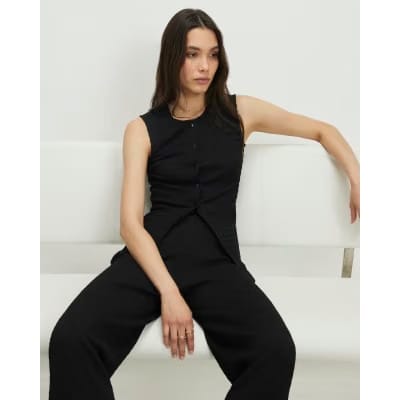 Black Textured Button Through Sleeveless Top