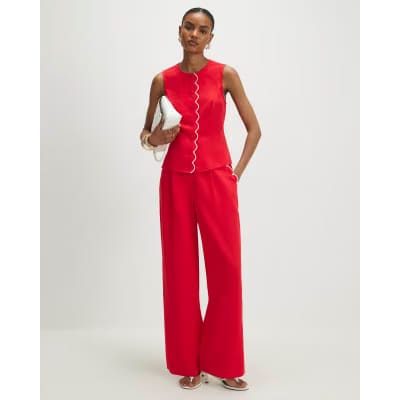 Red Scallop Trim Wide Leg Trousers