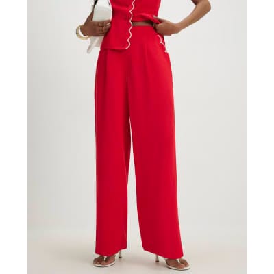 Red Scallop Trim Wide Leg Trousers