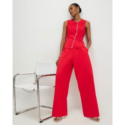 Red Scallop Trim Wide Leg Trousers
