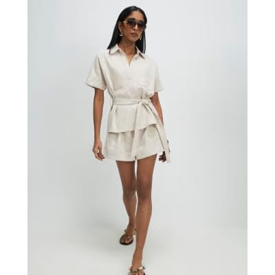 Cream Linen Look Collared Belted Top