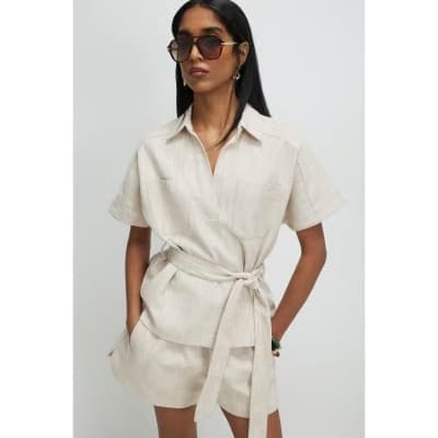 Cream Linen Look Collared Belted Top