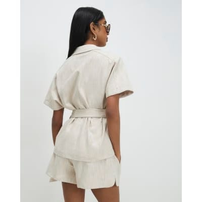 Cream Linen Look Collared Belted Top