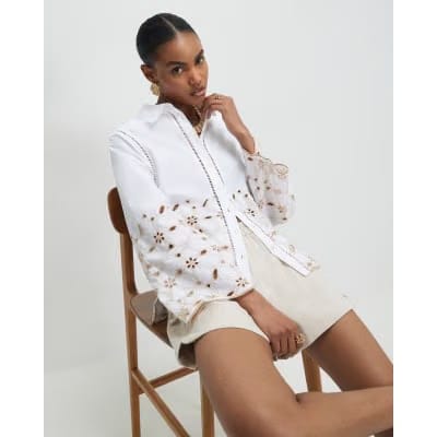 White Poplin Broderie Hem Shirt