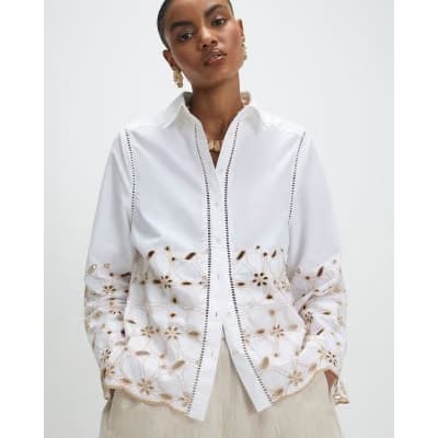 White Poplin Broderie Hem Shirt