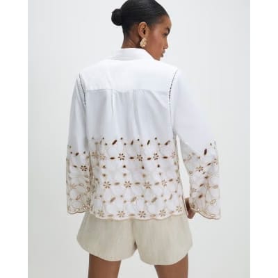 White Poplin Broderie Hem Shirt