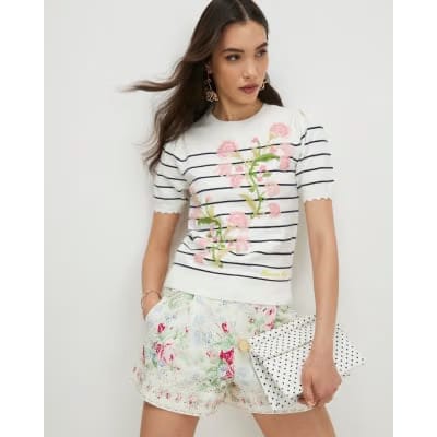 White Stripe Floral Embroidered Knit T-Shirt