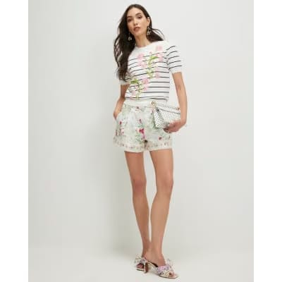 White Stripe Floral Embroidered Knit T-Shirt