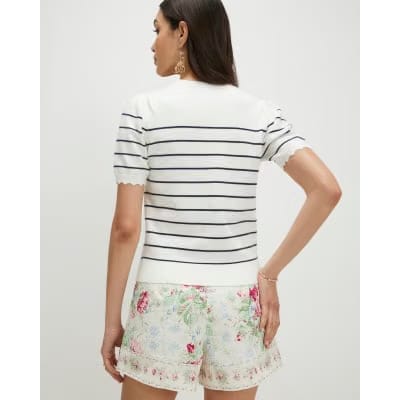 White Stripe Floral Embroidered Knit T-Shirt