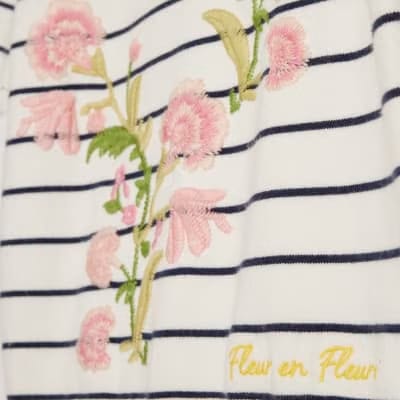 White Stripe Floral Embroidered Knit T-Shirt