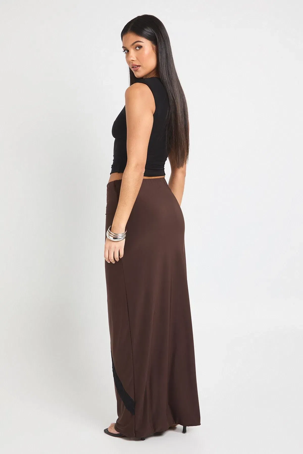 Double Layer Slinky Lace Trim Midi Skirt