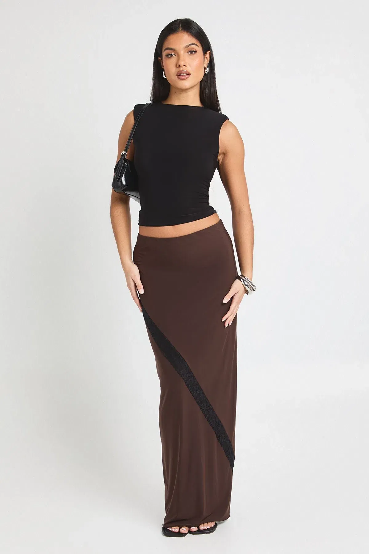 Double Layer Slinky Lace Trim Midi Skirt