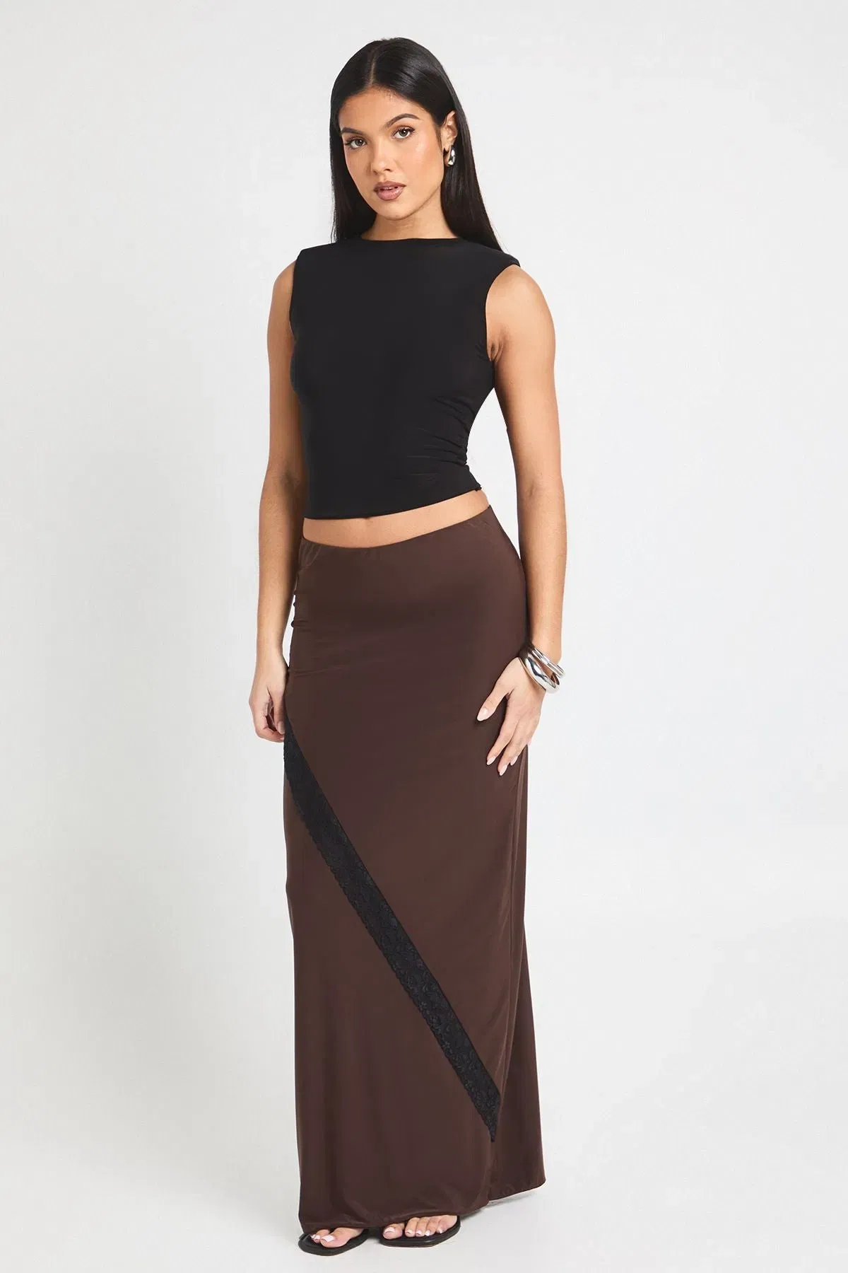 Double Layer Slinky Lace Trim Midi Skirt