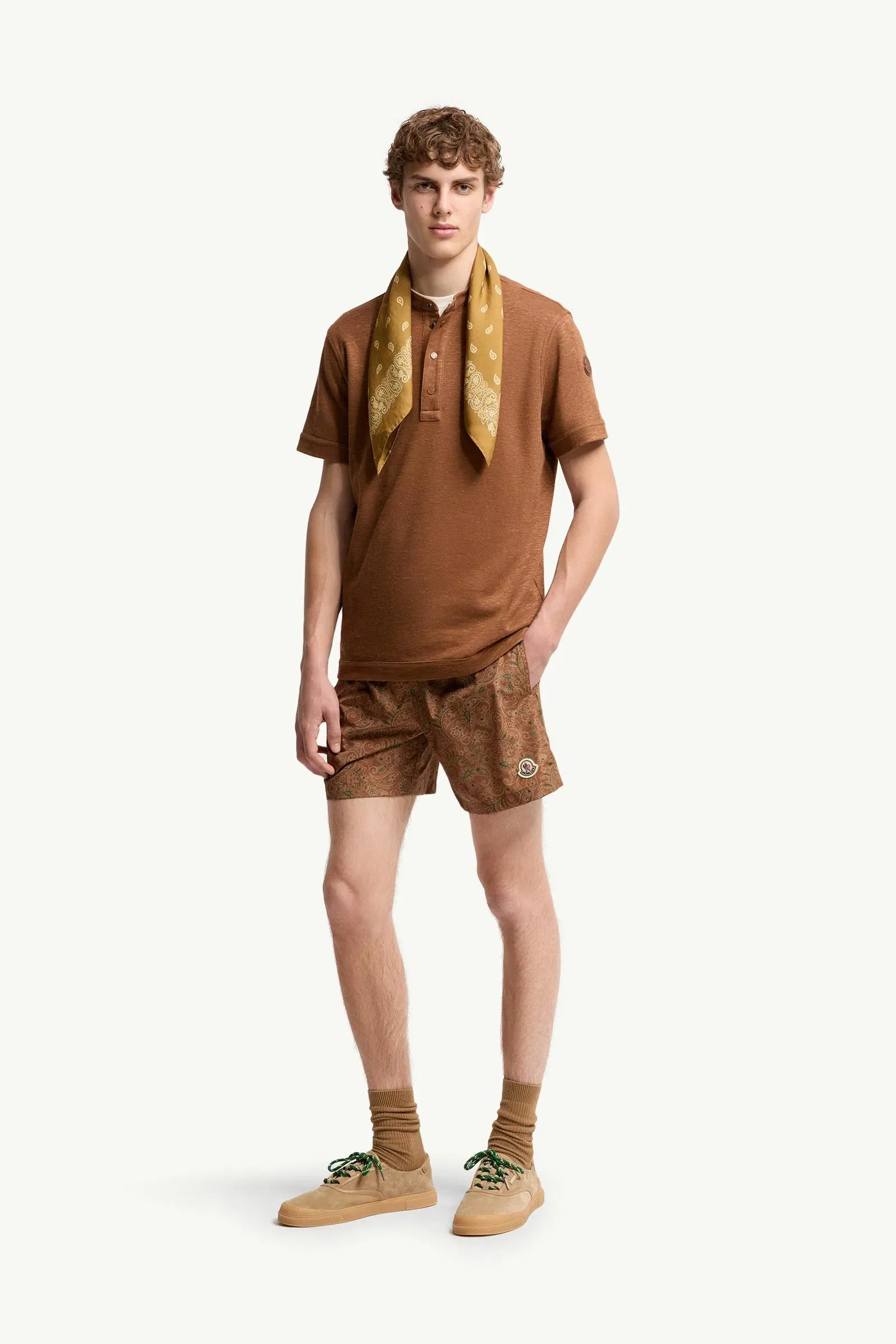 Moncler Cotton & Linen Blend Polo Shirt Light Brown Light Brown