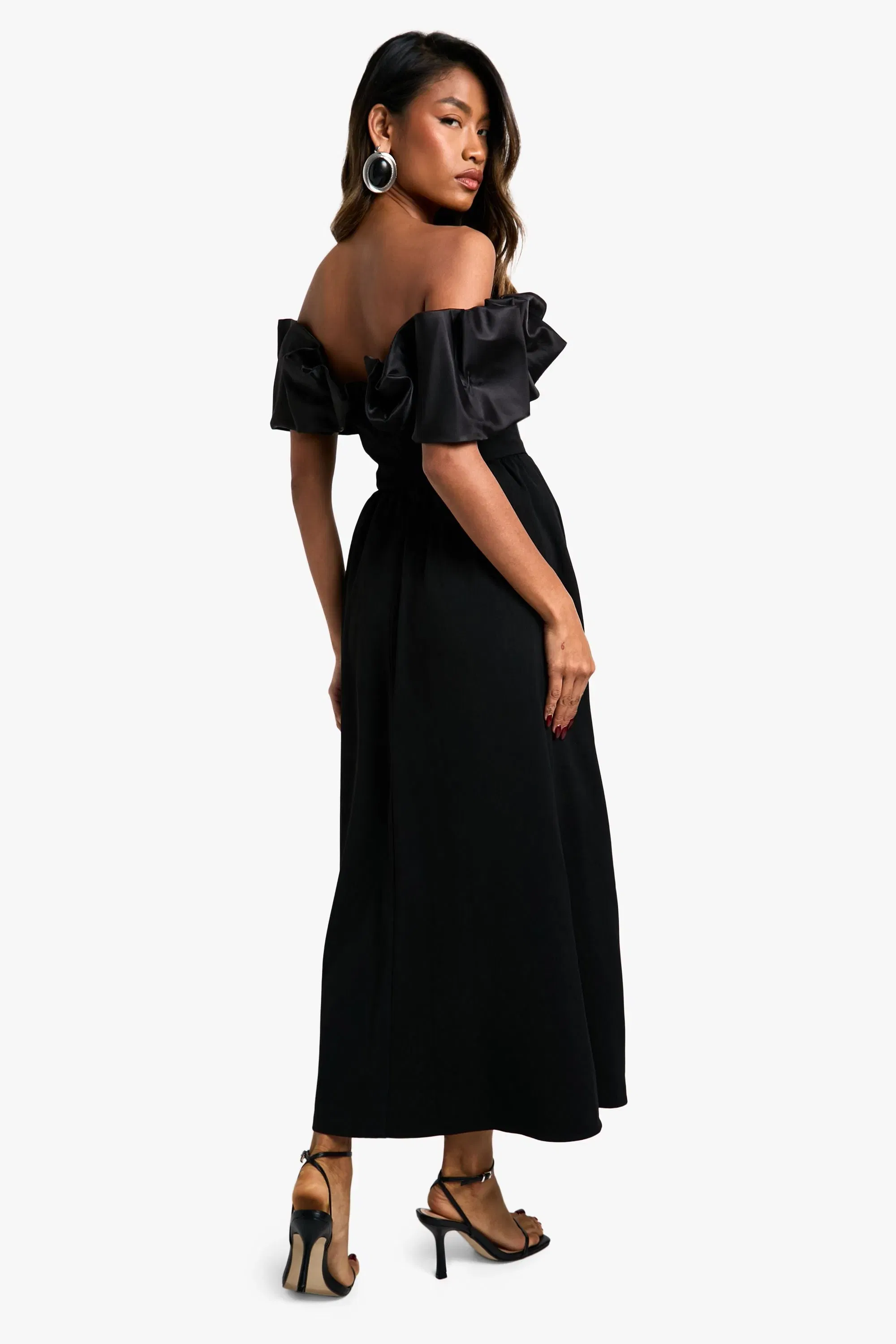 Extreme Taffeta Ruffle Bardot Structured Midaxi Skater Dress