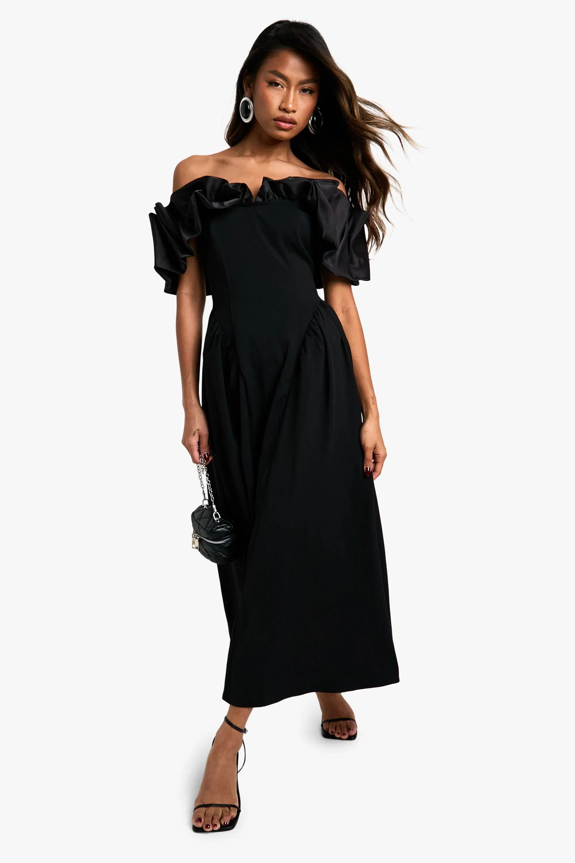 Extreme Taffeta Ruffle Bardot Structured Midaxi Skater Dress