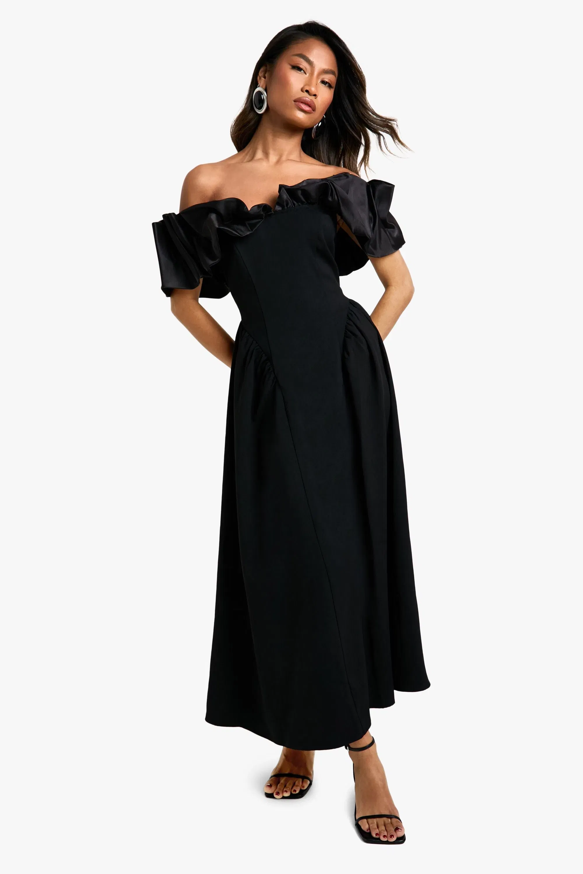 Extreme Taffeta Ruffle Bardot Structured Midaxi Skater Dress