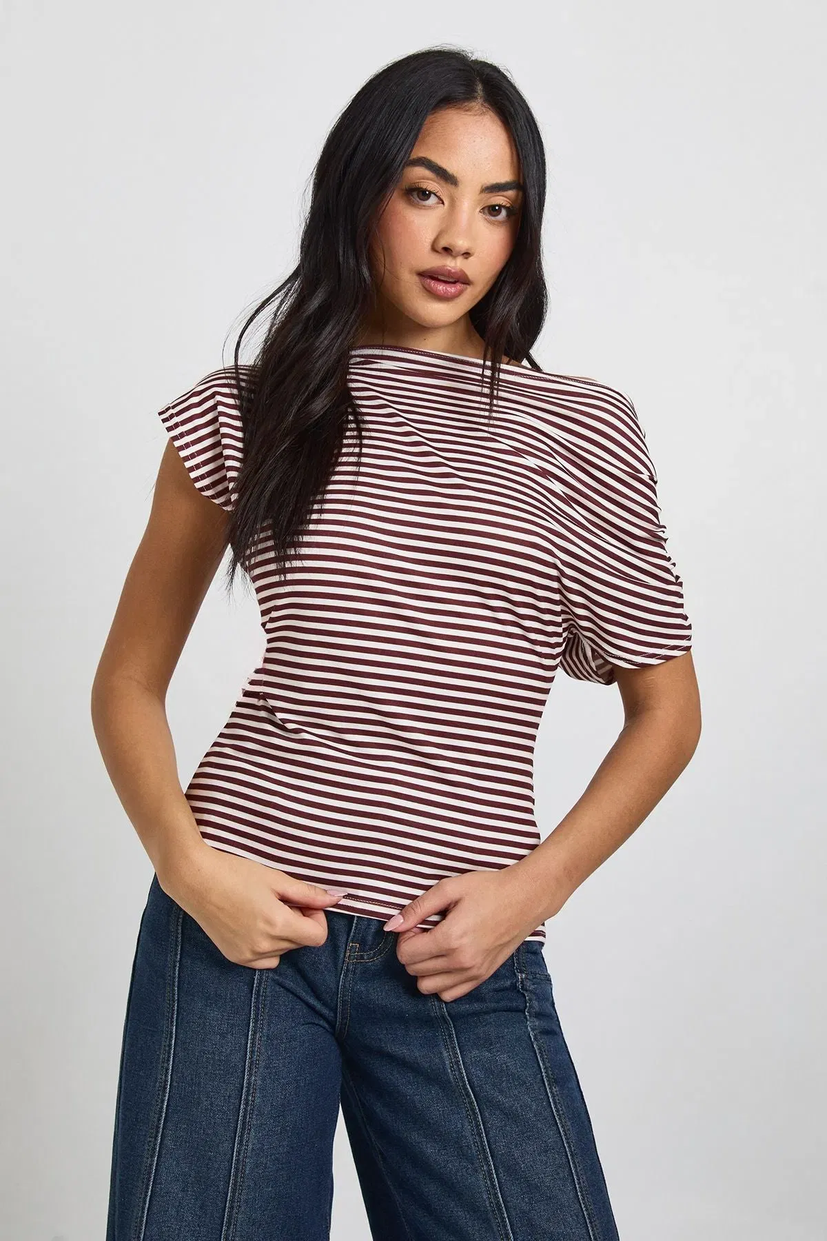 Striped Off Shoulder Cinched Waist Top