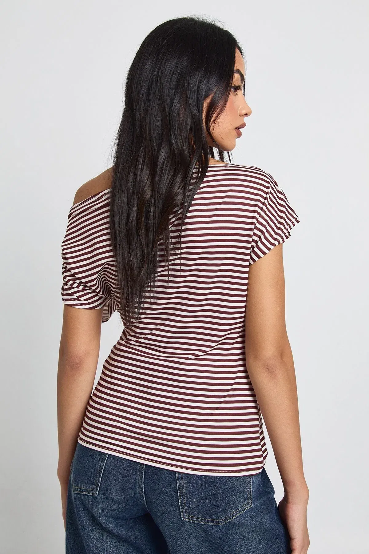 Striped Off Shoulder Cinched Waist Top