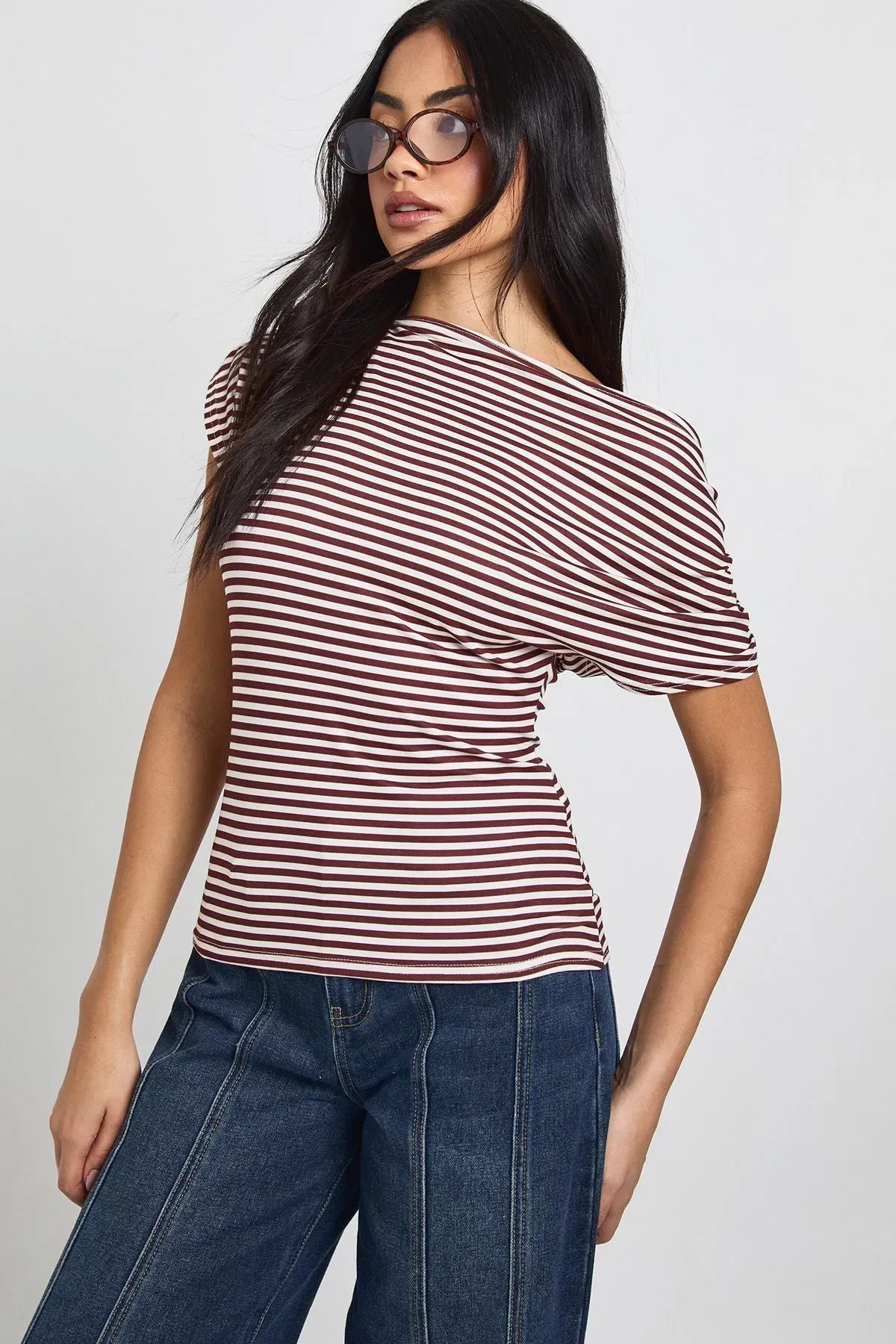 Striped Off Shoulder Cinched Waist Top
